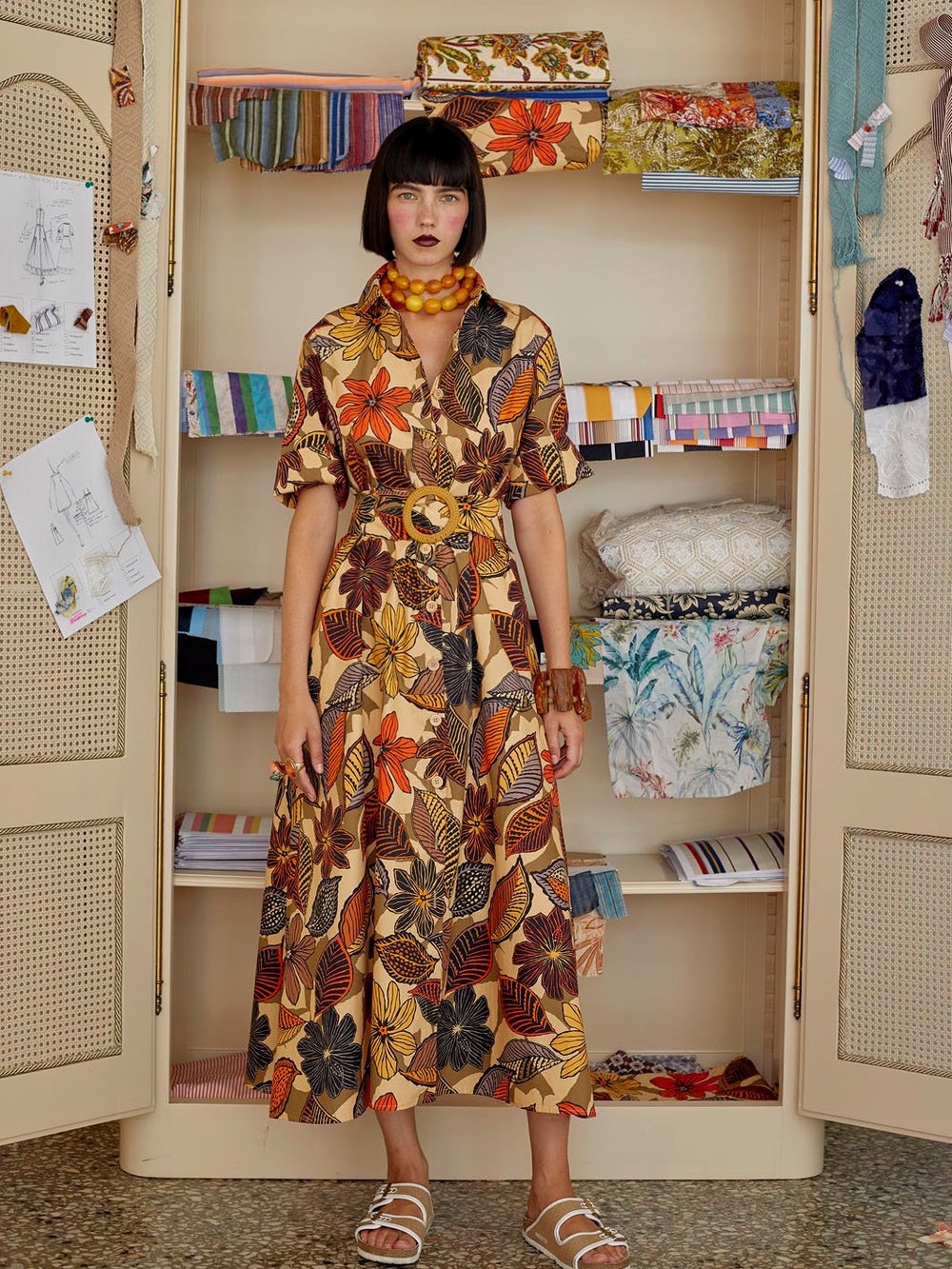 Evi Grintela Italy “Valerie” Brown Floral Cotton MIDI Button-Front Shirt Dress